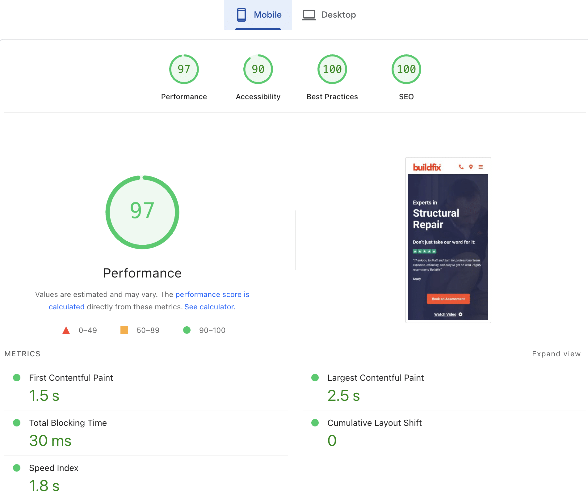 Mobile performance report for a case study website showing scores: Performance 97, Accessibility 90, Best Practices 100, SEO 100. Screenshot of the mobile view and detailed metrics highlight impactful design and project showcases.